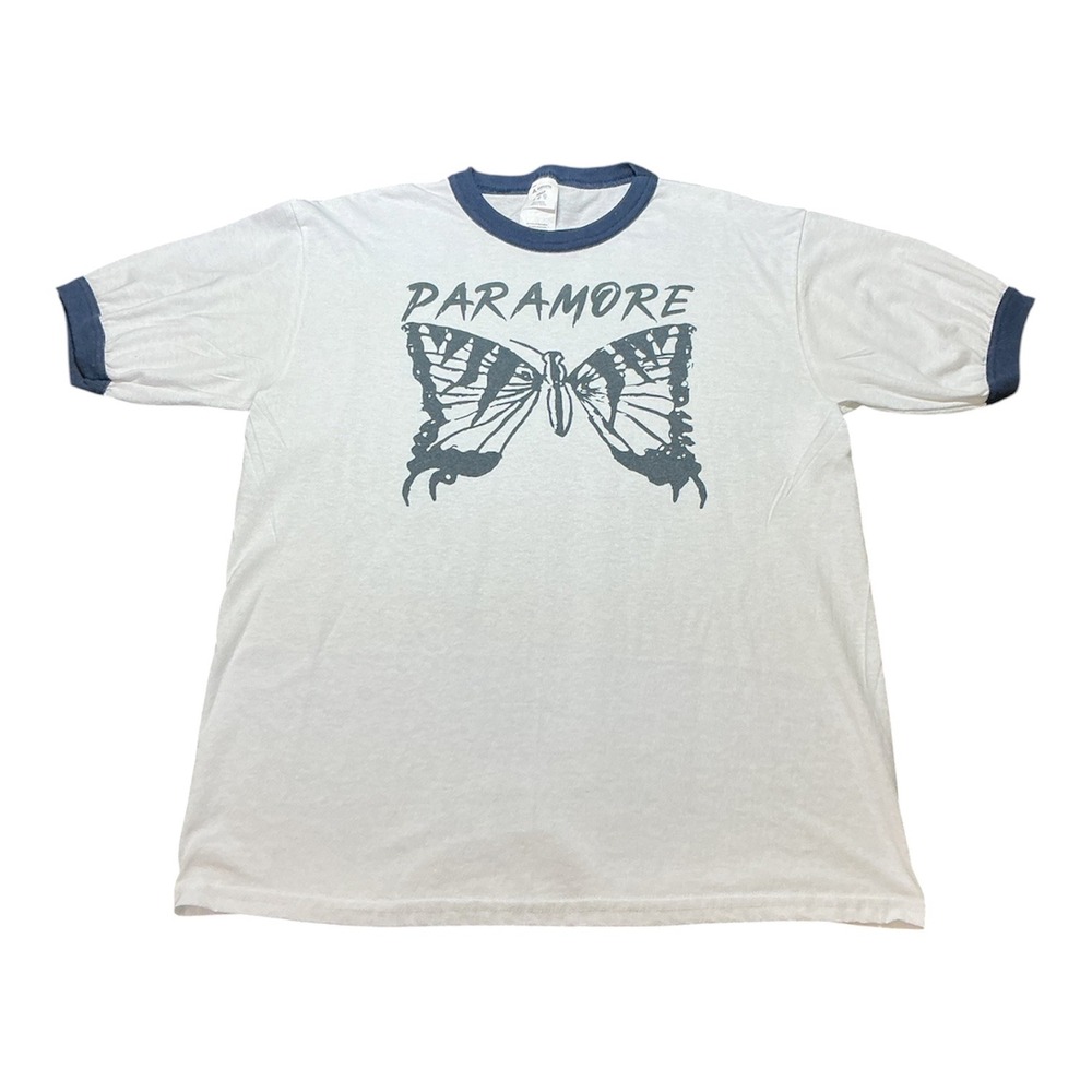 Paramore Brand New Eyes Butterfly Ringer Tee White Navy Blue Band Shirt